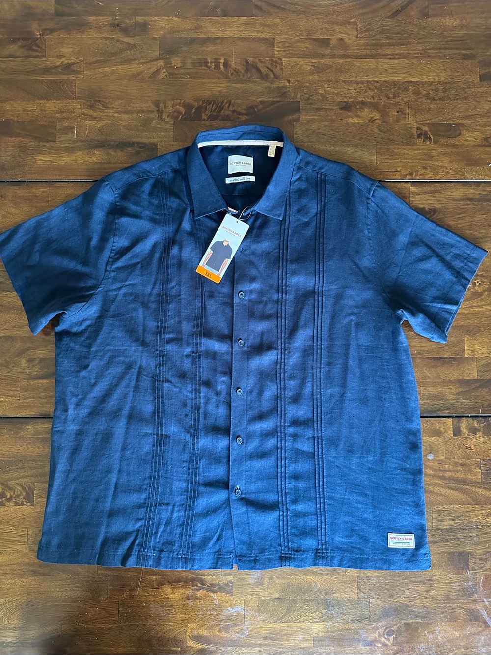 Scotch & Soda Navy Blue Havana Style Linen Blend Pleated Button Down Shirt XXL - Picture 2 of 16